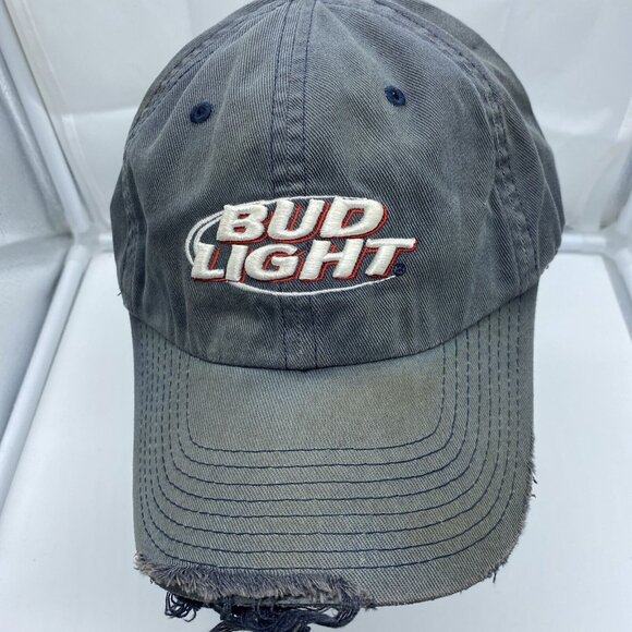 Bud Light Logo Tattered Worn Faded Gray Cap Hat Flex-Fit Stretch OSFM - Picture 8 of 11